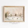 Tranh treo tường, tranh Giáng sinh mùa đông trang trí, Vintage Winter Wall Art | Neutral Christmas Printable Art | Ice Skating Print | Winter Cityscape Painting | Antique Holiday Decoration