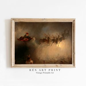 Tranh treo tường, tranh Giáng sinh mùa đông trang trí, Printable Santa Claus Wall Art | Vintage Christmas Print | Christmas Santa Painting | Winter Sleigh & Reindeers Holiday Farmhouse Art Print