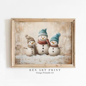 Tranh treo tường, tranh Giáng sinh mùa đông trang trí, Snowman Family Painting | Vintage Christmas Printable Wall Art | Neutral Christmas Wall Decor | Nursery Winter Wall Art | Cute Holiday Print