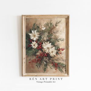Tranh treo tường, tranh Giáng sinh mùa đông trang trí, Christmas Botanical Wall Art | Winter Flower Painting | Holiday Printable Art | Neutral Winter Wall Art | Vintage Christmas Floral Print