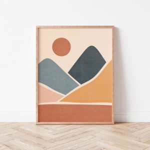 Tranh treo tường, tranh phong cảnh trang trí phòng bé, Neutral Abstract Mountainscape Print: Boho Kids Room Art