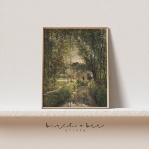 Tranh treo tường, tranh phong cảnh cổ điển trang trí, Vintage Cottage in the Woods Painting | Antique French Country Art | Print