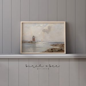 Tranh treo tường, tranh biển trang trí phòng bé, Vintage Coastal Nursery Wall Art | Lighthouse Ocean Shore Oil Painting | Seascape Print #126