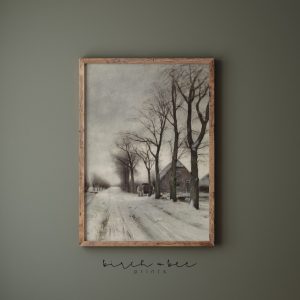 Tranh treo tường, tranh mùa đông phong cảnh trang trí, Vintage Winter Landscape Painting | Farmhouse Wall Decor #130