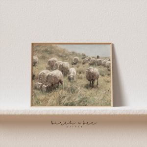 Tranh treo tường, tranh phong cảnh động vật trang trí, Sheep Painting Vintage | European Farmhouse Art Print #163