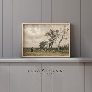 Tranh treo tường, tranh phong cảnh động vật trang trí, Vintage Sheep Painting | Farmhouse Wall Art
