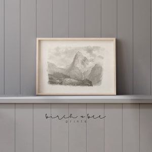 Tranh treo tường, tranh phong cảnh cổ điển trang trí, Vintage Mountain Sketch | Cabin Decor Rustic | Mountain Landscape Drawing | Wall Art #231