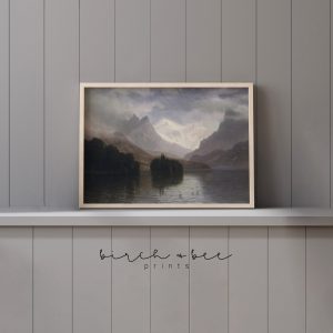 Tranh treo tường, tranh phong cảnh cổ điển trang trí, Moody Mountain Painting | Vintage Mountain Lake Art Print | Cozy Cabin Wall Decor #264
