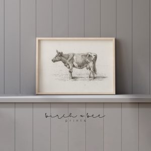 Tranh treo tường, tranh phong cảnh động vật trang trí, Vintage Cow Sketch | Country Farmhouse Wall Art Print Drawing