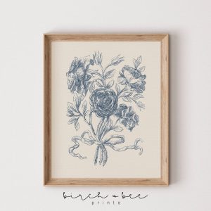 Tranh treo tường, tranh hoa cổ điển trang trí, Vintage Flower Print | Blue Wall Decor | Floral Print | Rose Bouquet Art