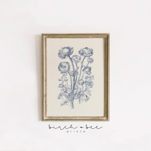 Tranh treo tường, tranh hoa phong cảnh trang trí, Blue Floral Print | Cottage Decor | Vintage Flower Sketch | Rose Wall Art | MAILED ART PRINT #281