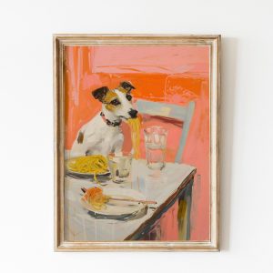 Tranh treo tường, tranh động vật trang trí, Smooth Fox Terrier Wall Print | Dog Wall Art | Gift for Fox Terrier Dog Mom | Smooth Fox Terrier Poster | Girly Wall Art | Dog Eating Pasta