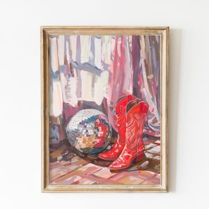 Tranh treo tường, tranh động vật trang trí phòng bé, Cowgirl Boot Print | Western Aesthetic Nursery Printable Art | Country Dorm Room Wall Art, Disco Ball Decor | Disco Print | Soft Pink