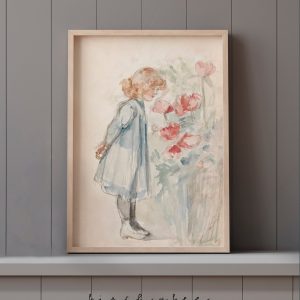 Tranh treo tường, tranh hoa trang trí phòng bé, Vintage Girl Smelling Flowers Art Print: Nursery Watercolor Decor