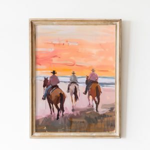 Tranh treo tường, tranh động vật trang trí phòng bé, Cowboy Sunset Print Western Aesthetic Nursery Printable Art Equestrian Painting Western Apartment Wall Art Trendy Horse Oil Painting Vintage