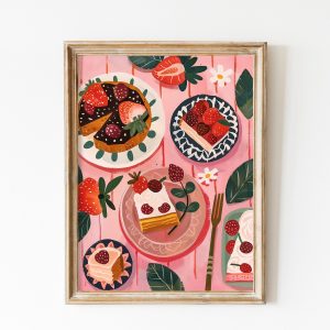 Tranh treo tường, tranh nhà bếp trang trí, Strawberry Poster Flatlay Food In The Table Light Pink Wall Art Soft Pink Instant Pink Aesthetics Gift Strawberries Cake Kitchen