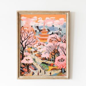 Tranh treo tường, tranh phong cảnh cổ điển trang trí, Japan Travel Poster | Kyoto Print | Retro Japanese Print, Temple Landscape Print | Travel Poster | Light Pink City Art Sakura Cherry Blossom