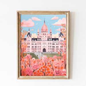 Tranh treo tường, tranh hoa chân dung trang trí, Budapest Hungary Travel Poster, Flowers Print, Pink Budapest Parliament Print, Light Pink Art, Chic Romantic Budapest Print Home Decor