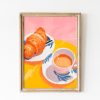 Tranh treo tường, tranh đồ uống nhà bếp trang trí, Coffee and Croissant Print  | Italy Wall Art for Summer Vibes | Modern Kitchen Decor Matisse Pink Breakfast Painting | Short Espresso Print