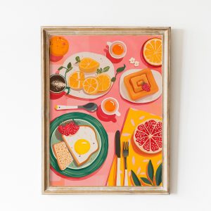 Tranh treo tường, tranh nhà bếp trang trí, Breakfast Flatlay Food In The Table Wall Art | Sunny Side Up Printable | Kitchen Art Print Gift for Foodies Colorgul Tea and Waffle Poster