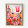 Tranh treo tường, tranh hoa phong cảnh trang trí, Amsterdam Travel Poster | Netherlands Tulips Print | Soft Pink Wall Art | Romantic Amsterdam Flowers Print | Holland Landscape Dutch Art