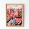 Tranh treo tường, tranh hoa chân dung trang trí, Cute Amsterdam Canals Travel Poster, Netherlands Architecture Print, Soft Pink Wall Art, Romantic Amsterdam Roses Print, Holland Dutch Art
