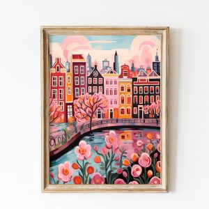 Tranh treo tường, tranh hoa chân dung trang trí, Cute Amsterdam Canals Travel Poster, Netherlands Architecture Print, Soft Pink Wall Art, Romantic Amsterdam Roses Print, Holland Dutch Art