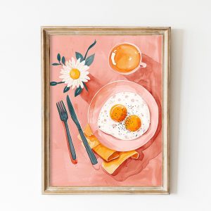 Tranh treo tường, tranh hoa nhà bếp trang trí, Breakfast Flatlay Food In The Table Wall Art, Sunny Side Up Printable Kitchen Poster Decore, Gift Foodies Colorful Coffee and Flowers Poster