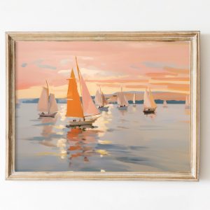 Tranh treo tường, tranh biển cổ điển trang trí, Sailboat Painting Coastal Print Sunset Wall Art Vintage Apartment Decor Retro Costal Summer Oil Painting Rough Textured Seascape Painting