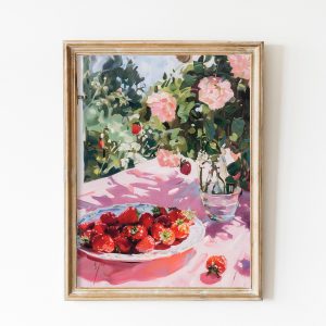 Tranh treo tường, tranh hoa trang trí, Strawberries Bowl Printable Soft Pink Wall Art, Red Peony Flowers Print, Preppy Room Decor Dopamine Decor, Summer Garden and Fruits Poster
