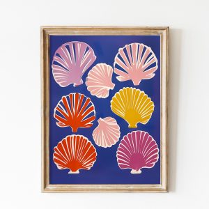 Tranh treo tường, tranh biển hiện đại trang trí, Blue Pink Sea Shell Print - Beach Wall Art, Scallop Shell Painting, Minimalist Summer Decor, Coastal Printable, Girly Seaside Art