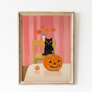 Tranh treo tường, tranh phong cảnh động vật trang trí, Black Cat Painting Light Pink Halloween Wall Art Pumpkin Painting Fall Decor Autumn Print Farmhouse Halloween Cottage Core Art Dorm Decor