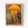 Tranh treo tường, tranh hiện đại trang trí, Jellyfish Psychedelic Wall Art, Minimalist Bright Yellow Wall Decor Japanese Gallery Wall Art