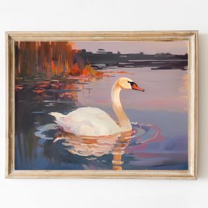 Tranh treo tường, tranh phong cảnh trang trí phòng bé, Soft Pink Swan Lake Print, Nursery Art, Dark Academia Painting, Cottagecore Decor, Sunset Painting Swan Dorm Decor Cute Farmhouse Wall Art
