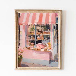 Tranh treo tường, tranh nhà bếp cổ điển trang trí, Pink Vintage Grocery Shop Print, French Decor, Bakery Wall Art Pastel Pink Corner Shop, Bakery Art Print, Trendy Kitchen Decor, Butchery Art