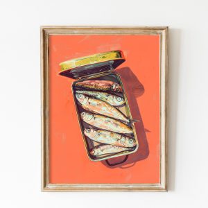 Tranh treo tường, tranh nhà bếp biển trang trí, Red Sardines Tin Print, Kitchen Print, Sardine Wall Art Dining Room Decor, Retro Food, Vintage Kitchen Decor, Fish Poster Trendy Seafood Art