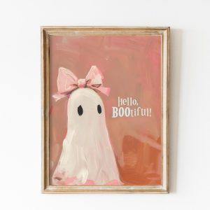 Tranh treo tường, tranh cổ điển trang trí phòng bé, Vintage Pink Bow Ghost Wall Art Print, Halloween Nursery Decor, Preppy Trendy Printable, Coquette Cute Ghost Painting Girly Print Girls Room