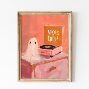 Tranh treo tường, tranh cổ điển trang trí, Pink Halloween Ghost Art Print: Retro Record Player ()