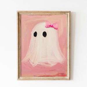 Tranh treo tường, tranh cổ điển trang trí phòng bé, Vintage Pink Bow Ghost Wall Art Print, Halloween Nursery Decor, Preppy Trendy Printable, Coquette Cute Ghost Painting Girly Print Girls Room