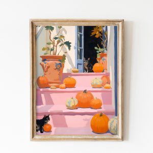 Tranh treo tường, tranh hoa phong cảnh trang trí, Cats Light Pink Floral Halloween Wall Art Pumpkin Painting Fall Decor Autumn Print Farmhouse Halloween Cottage Core Art Wall Pink Dorm Decor