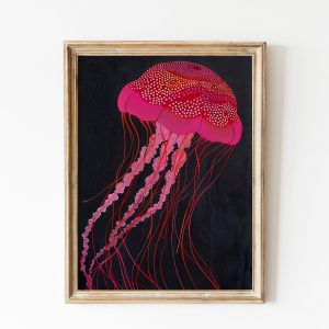 Tranh treo tường, tranh hiện đại trang trí, Pink Jellyfish Psychedelic Wall Art, Minimalist Bright Pink Wall Poster, Cool Fuchsia Gallery Wall Art