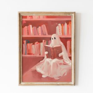 Tranh treo tường, tranh cổ điển trang trí, Vintage Pink Ghost Reading Wall Art Print, Books Library Decor, Book Nook Halloween Printable Coquette Room Decor Book Shop Art