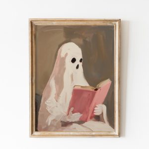Tranh treo tường, tranh cổ điển trang trí, Vintage Ghost Reading Halloween Wall Art, Books Library Decor, Book Nook Halloween Printable Coquette Room Decor Book Shop Art