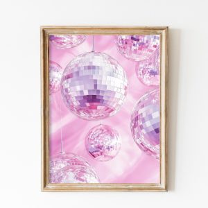 Tranh treo tường, tranh cổ điển trang trí, Pink Mirrorball Poster, Retro Disco Ball Decor, Gift for Roommate, Preppy Blue Dorm Decor, Y2K Dopamine Decor, Groovy Art, Trendy Painting