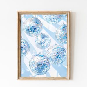 Tranh treo tường, tranh cổ điển trang trí, Blue Mirrorball Poster, Retro Disco Ball Decor, Gift for Roommate, Preppy Blue Dorm Decor, Y2K Dopamine Decor, Groovy Art, Trendy Painting