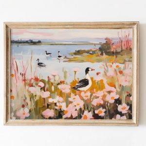 Tranh treo tường, tranh hoa phong cảnh trang trí, Nursery Art, Marsh Landscape Pastel Swamp, Pink Mother Duck Print, Cottagecore Decor, Meadow Painting, Flowers Dorm Decor, Farmhouse decor