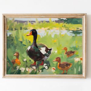 Tranh treo tường, tranh phong cảnh trang trí phòng bé, Duck Mom Nursery Art, Marsh Landscape Green Swamp, Woodland Print, Cottagecore Decor, Meadow Painting Ducks Dorm Decor Farmhouse Wall Art