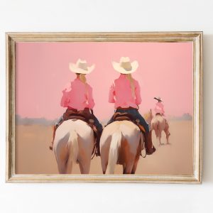 Tranh treo tường, tranh động vật trang trí, Cowgirl Horse Print, Trendy Western Print, Girly Dorm Decor, Light Pink Apartment Painting, 1950s Aesthetic, Western Boho Girl