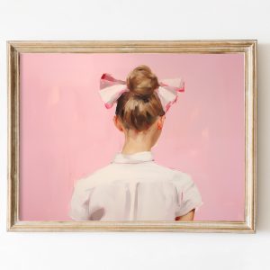 Tranh treo tường, tranh chân dung cổ điển trang trí, Retro Soft Pink Coquette Print, Preppy Wall Art, Woman Portrait Dorm Decor, Pink Bow Wall Art, Soft Girl Room Painting, Vintage French Print