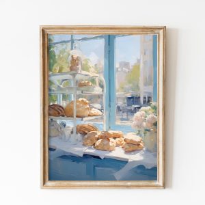 Tranh treo tường, tranh hoa nhà bếp trang trí, Blue Retro Bakery Print, French Decor, Paris Pastry Wall Art Pastel Soft Blue Corner Shop, Trendy Kitchen Decor, Flowers Boulangerie Decor
